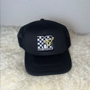 MTV Black Snapback Hat with Yellow Logo and Checker Patch
